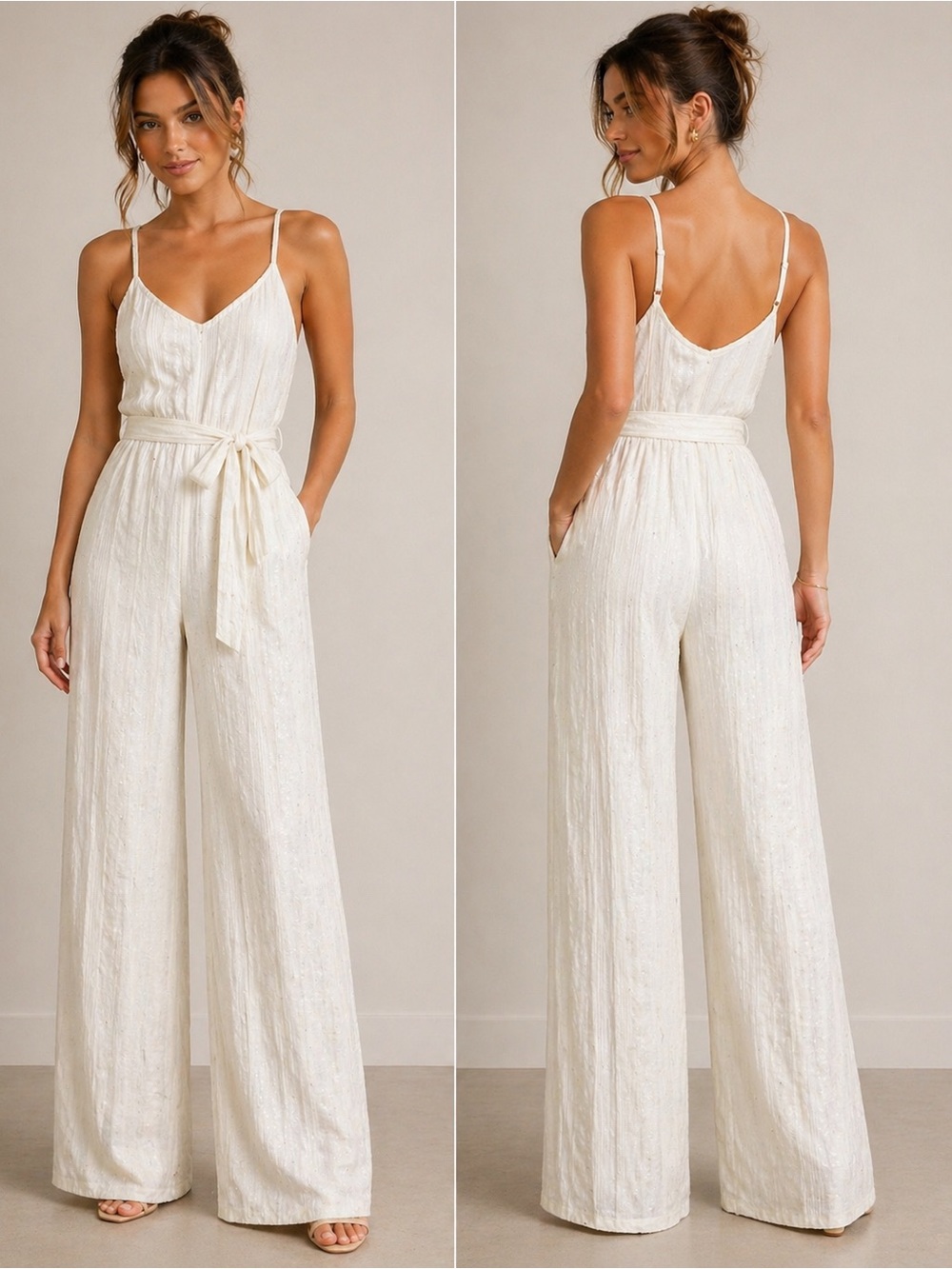 MAJORELLE Ivory Textured Wide-Leg Jumpsuit with Tie Waist